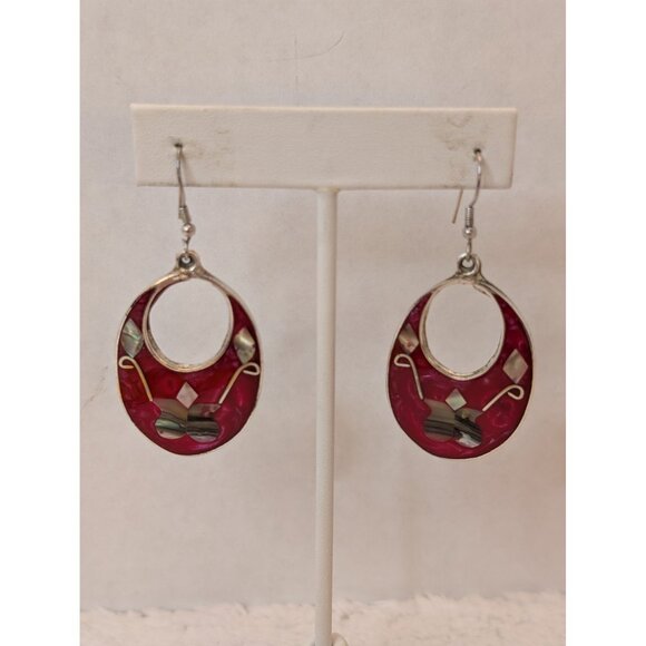 Vintage Alpaca Mexico Red & Silver Oval Drop Earrings M-O-P Inlay & Hook Closure - Picture 2 of 7